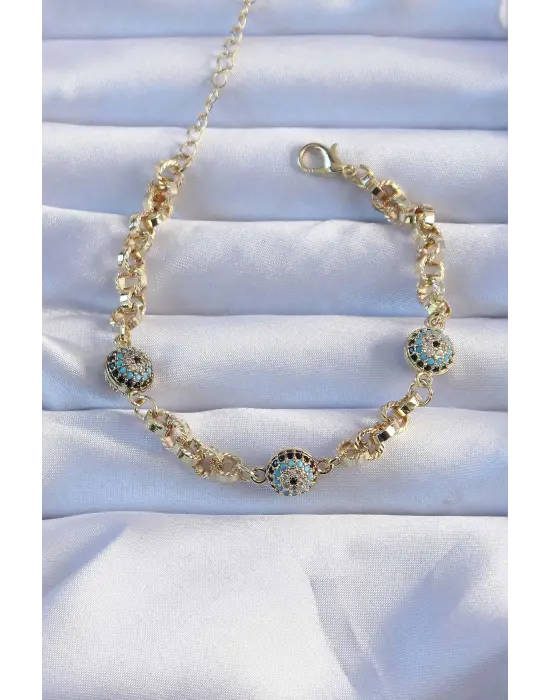 316L Çelik Zincir Vip Seri Altın Renk Zirkon Taşlı Nazarlı Bileklik