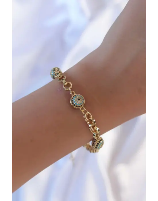 316L Çelik Zincir Vip Seri Altın Renk Zirkon Taşlı Nazarlı Bileklik