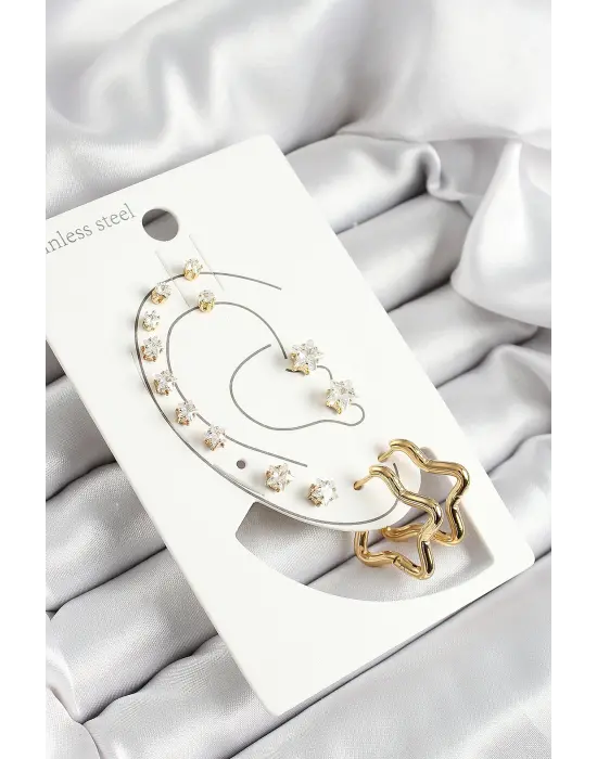316L Çelik Yıldız Figürlü Ve Zirkon Taşlı Gold Renk 7li Çift Kadın Küpe Set