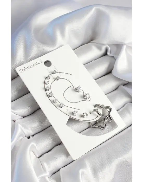316L Çelik Yıldız Figürlü Ve Zirkon Taşlı Gümüş Renk 7li Çift Kadın Küpe Set