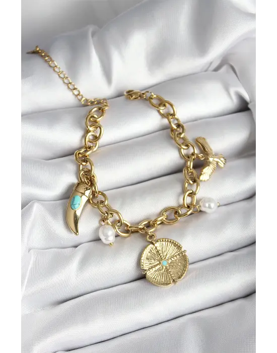 316L Çelik Yonca Fil Dişi ve Kuş Figürlü İnci Detaylı Sallantılı Gold Renk Kadın Bileklik