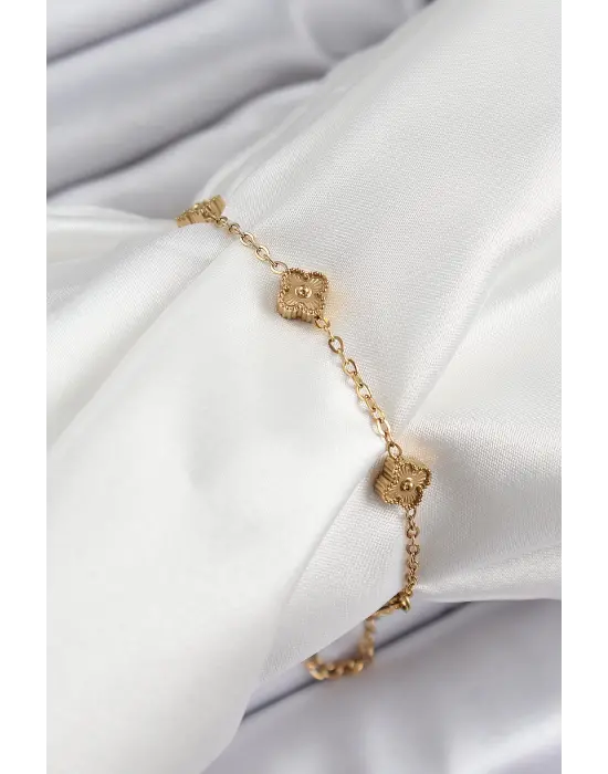 316L Çelik Yonca Model Gold Renk Kadın Bileklik