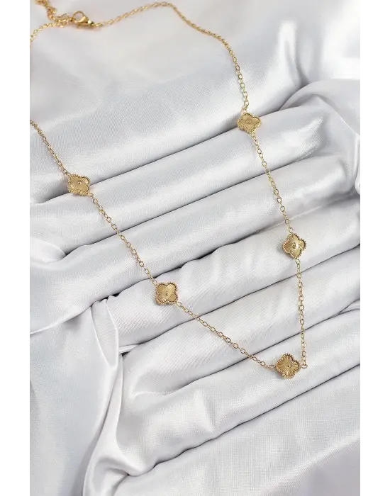 316L Çelik Yonca Model Gold Renk Kadın Kolye