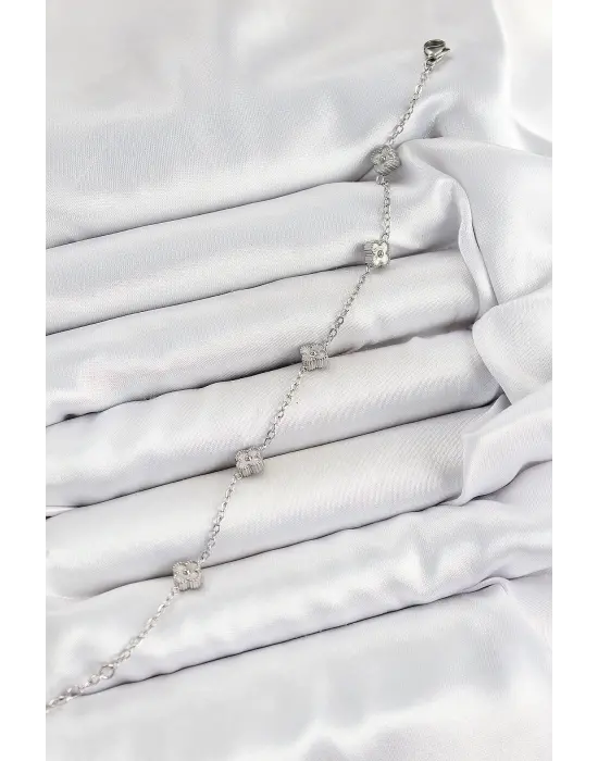 316L Çelik Yonca Model Gümüş Renk Kadın Bileklik