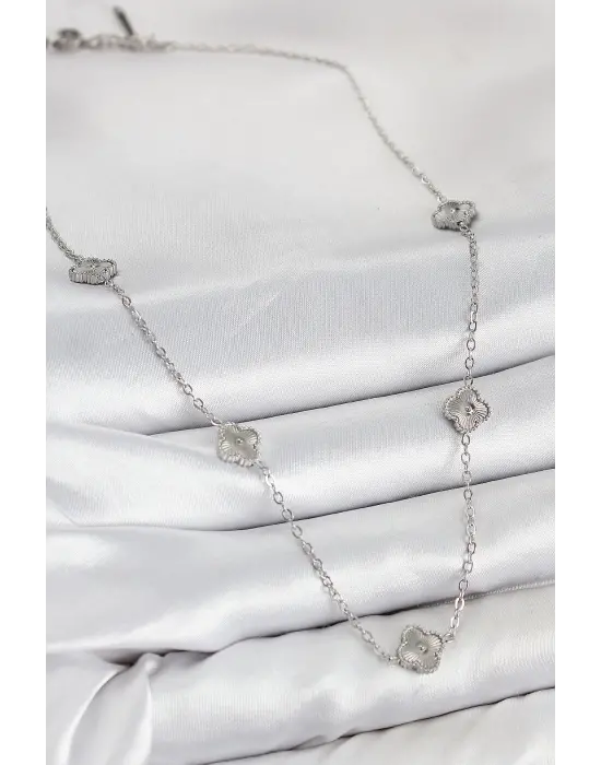 316L Çelik Yonca Model Gümüş Renk Kadın Kolye