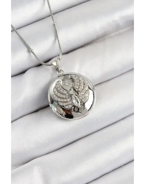 316L Çelik Zincir Açılabilir Anka Kuşu Model Zirkon Taşlı Gümüş Renk Kadın Kolye