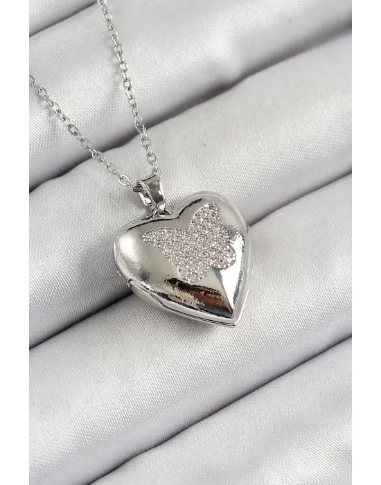 316L Çelik Zincir Açılabilir Kelebek Figürlü Kalp Model Zirkon Taşlı Gümüş Renk Kadın Kolye