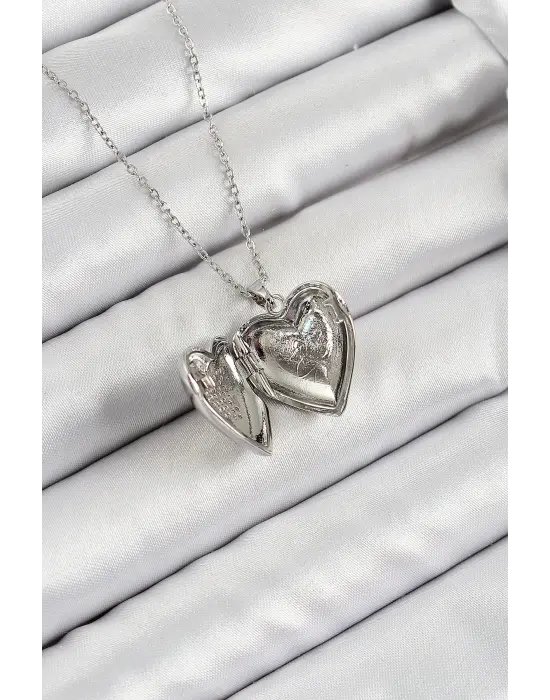 316L Çelik Zincir Açılabilir Kelebek Figürlü Kalp Model Zirkon Taşlı Gümüş Renk Kadın Kolye