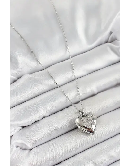 316L Çelik Zincir Açılabilir Kelebek Figürlü Kalp Model Zirkon Taşlı Gümüş Renk Kadın Kolye