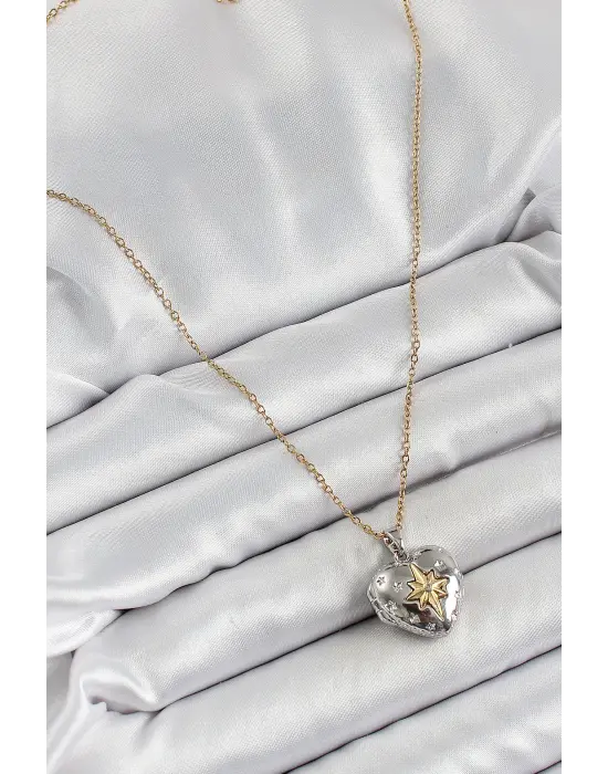 316L Çelik Zincir Açılabilir Kutup Yıldızı Figürlü Kalp Model Zirkon Taşlı Gold Ve Gümüş Renk Kadın Kolye