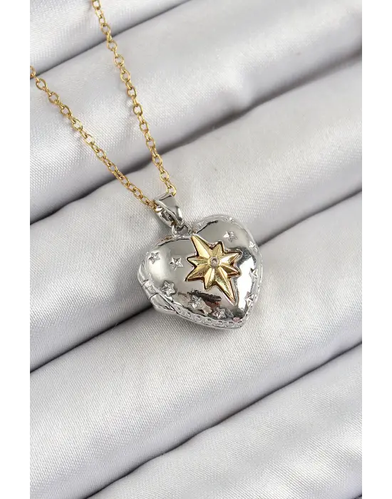 316L Çelik Zincir Açılabilir Kutup Yıldızı Figürlü Kalp Model Zirkon Taşlı Gold Ve Gümüş Renk Kadın Kolye