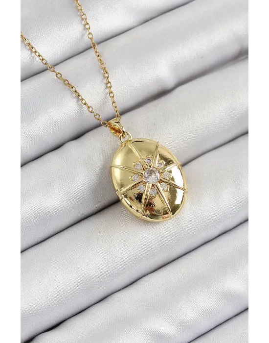 316L Çelik Zincir Açılabilir Madalyon Model Zirkon Taşlı Gold Renk Kadın Kolye