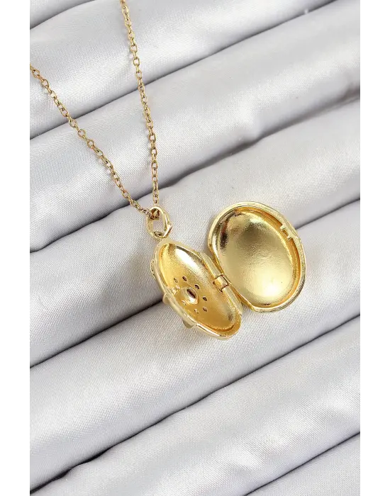 316L Çelik Zincir Açılabilir Madalyon Model Zirkon Taşlı Gold Renk Kadın Kolye