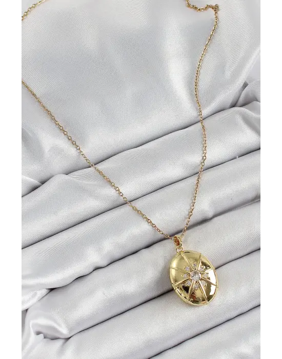 316L Çelik Zincir Açılabilir Madalyon Model Zirkon Taşlı Gold Renk Kadın Kolye