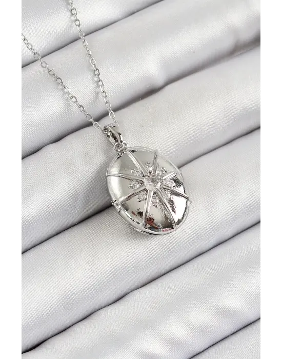 316L Çelik Zincir Açılabilir Madalyon Model Zirkon Taşlı Gümüş Renk Kadın Kolye