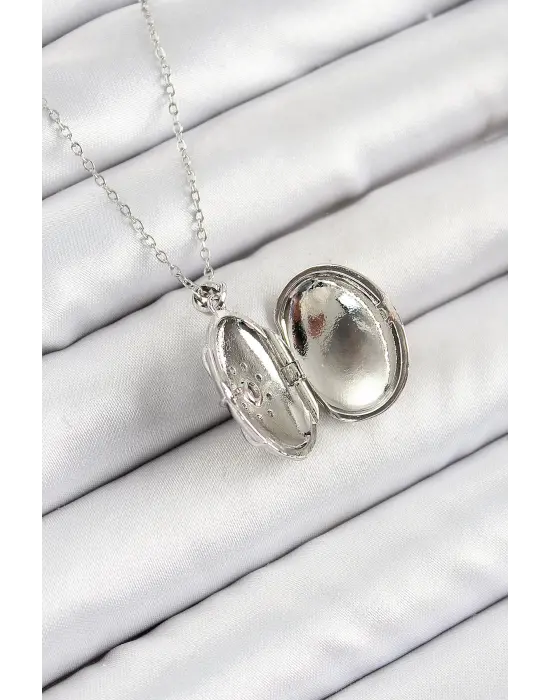 316L Çelik Zincir Açılabilir Madalyon Model Zirkon Taşlı Gümüş Renk Kadın Kolye