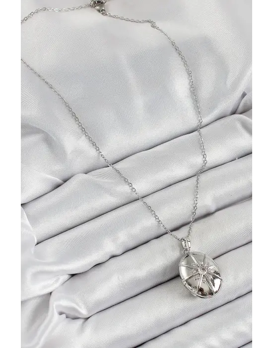 316L Çelik Zincir Açılabilir Madalyon Model Zirkon Taşlı Gümüş Renk Kadın Kolye