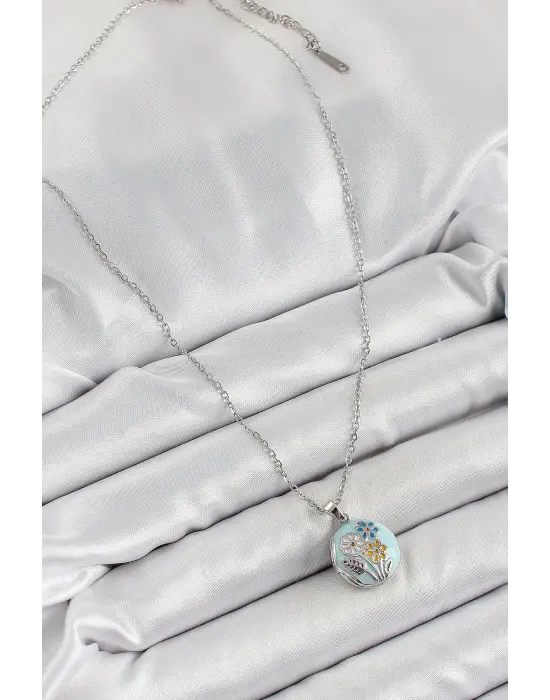 316L Çelik Zincir Açılabilir Sanatsal Vintage Çiçek Model Gümüş Renk Kadın Kolye