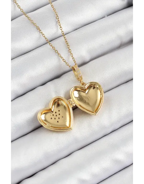 316L Çelik Zincir Açılabilir Yıldız Figürlü Kalp Model Zirkon Taşlı Gold Renk Kadın Kolye