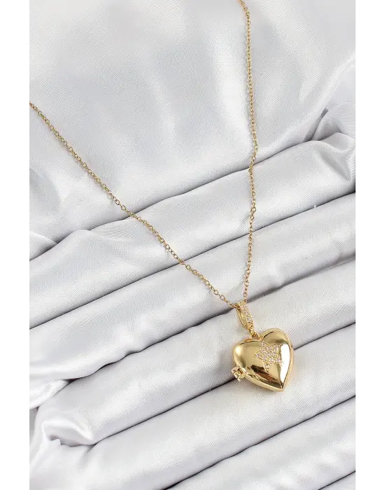 316L Çelik Zincir Açılabilir Yıldız Figürlü Kalp Model Zirkon Taşlı Gold Renk Kadın Kolye