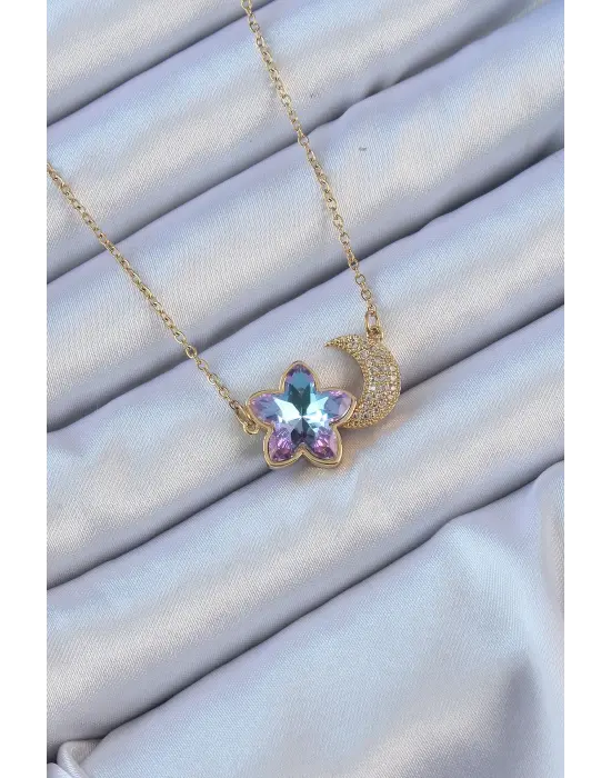  Zincir Altın  Ay Tasarımlı li Zirkon Taşlı Çiçek Çelik Kolye