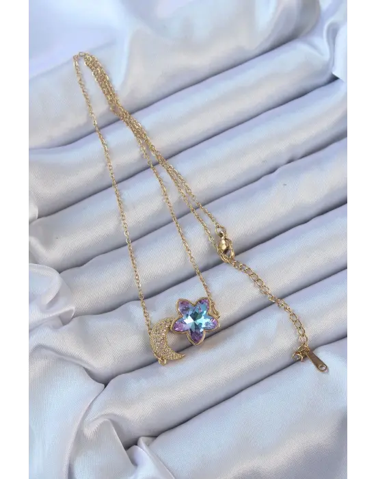  Zincir Altın  Ay Tasarımlı li Zirkon Taşlı Çiçek Çelik Kolye