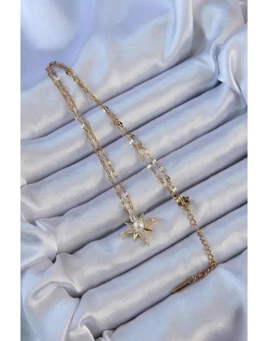  Zincir Altın  Baget Taşlı İnci Detay Kutup Yıldızı Çelik Kolye