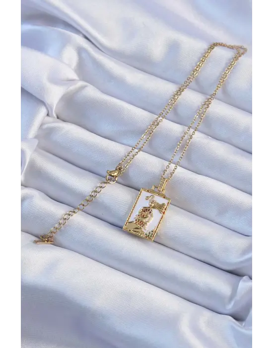  Zincir Altın  Beyaz Mineli Tarot Çelik Kolye