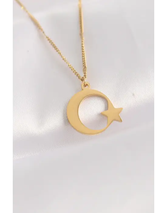  Zincir Altın  Düz Plaka Ay Yıldız Çelik Kolye