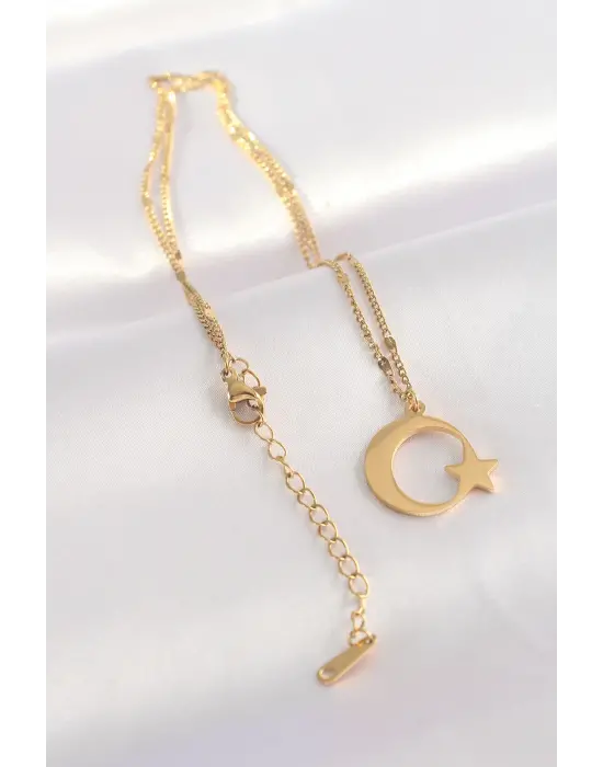  Zincir Altın  Düz Plaka Ay Yıldız Çelik Kolye