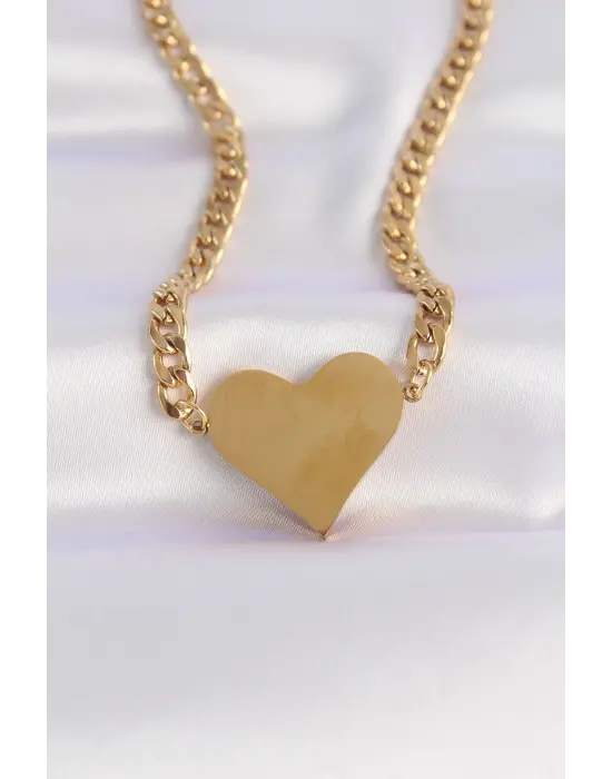  Zincir Altın  Düz Plaka Kalp Çelik Kolye