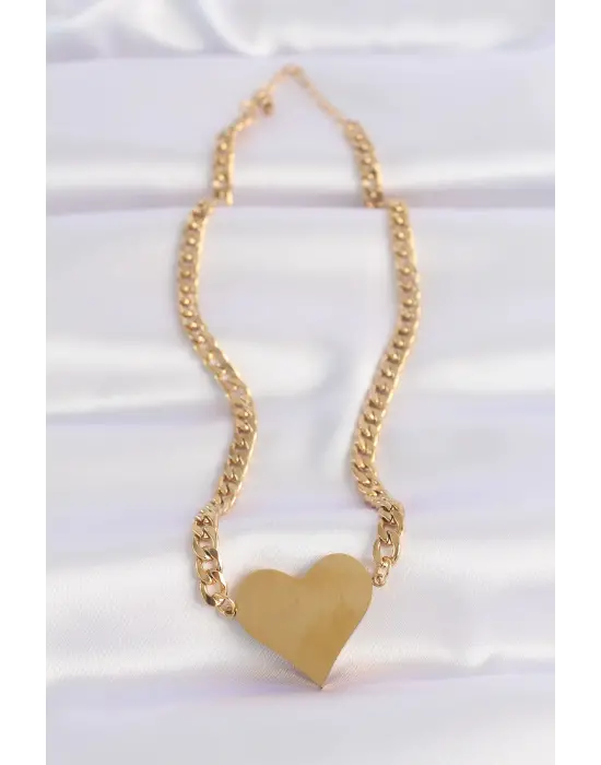  Zincir Altın  Düz Plaka Kalp Çelik Kolye
