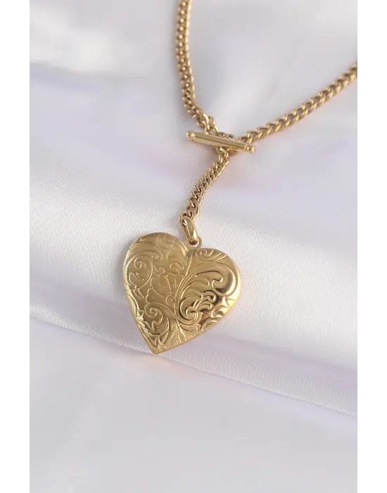 Zincir Altın  İçi Açılan Çiçek Desenli Kalp Çelik Kolye
