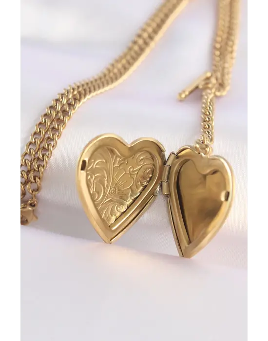  Zincir Altın  İçi Açılan Çiçek Desenli Kalp Çelik Kolye