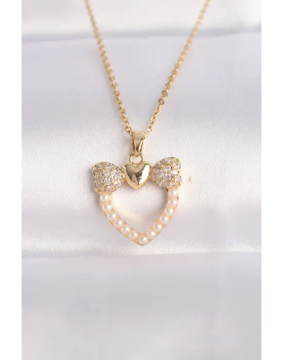  Zincir Altın  İnci Taş Detay Zirkon Taşlı Kalp Çelik Kolye