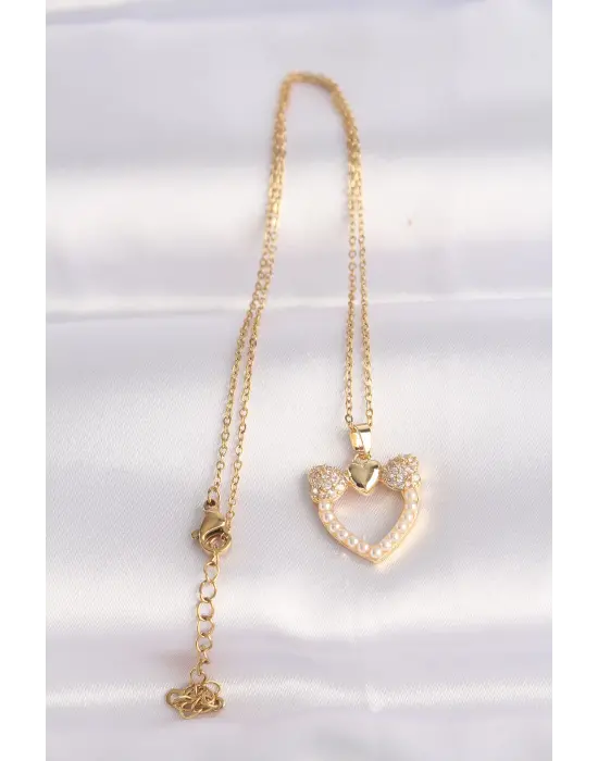  Zincir Altın  İnci Taş Detay Zirkon Taşlı Kalp Çelik Kolye