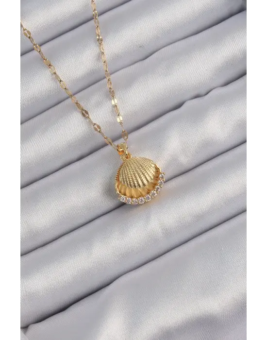  Zincir Altın  İncili Zirkon Taşlı İstiridye Çelik Kolye