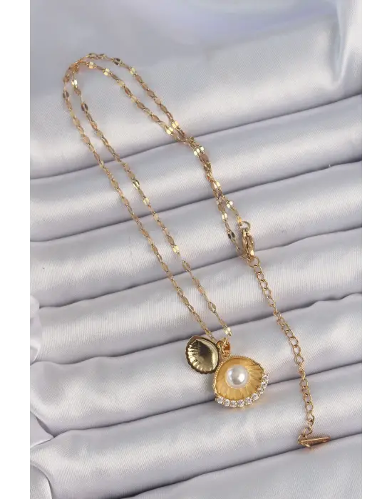  Zincir Altın  İncili Zirkon Taşlı İstiridye Çelik Kolye