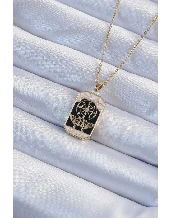  Zincir Altın  İşlemeli Siyah Mineli Tarot Çelik Kolye