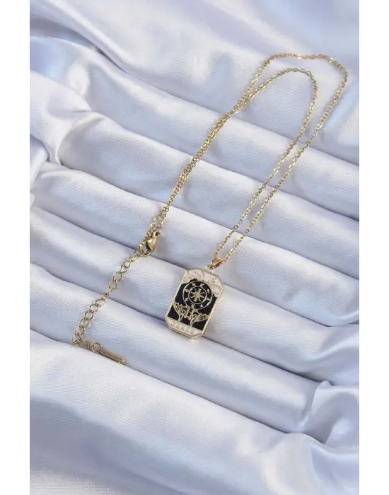  Zincir Altın  İşlemeli Siyah Mineli Tarot Çelik Kolye