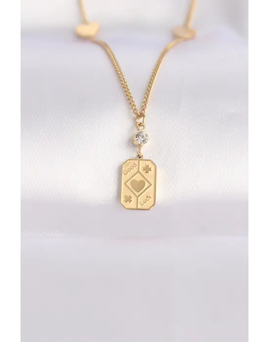  Zincir Altın  Kalp Detay Good Luck Yazılı Çelik Kolye