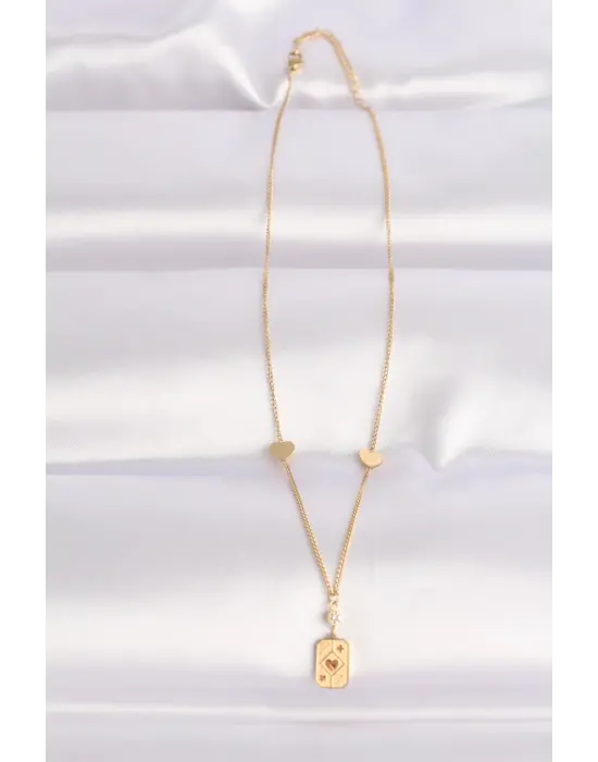  Zincir Altın  Kalp Detay Good Luck Yazılı Çelik Kolye