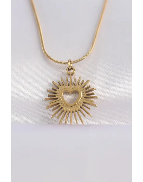  Zincir Altın  Kalp Güneşi Tasarımlı Çelik Kolye