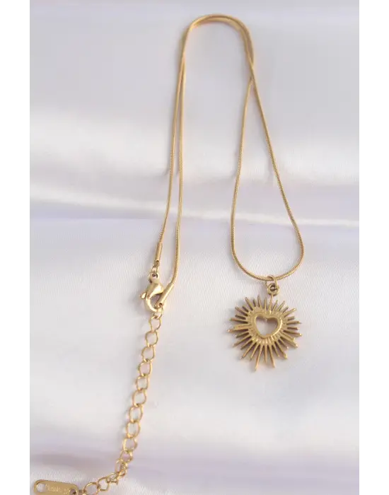  Zincir Altın  Kalp Güneşi Tasarımlı Çelik Kolye