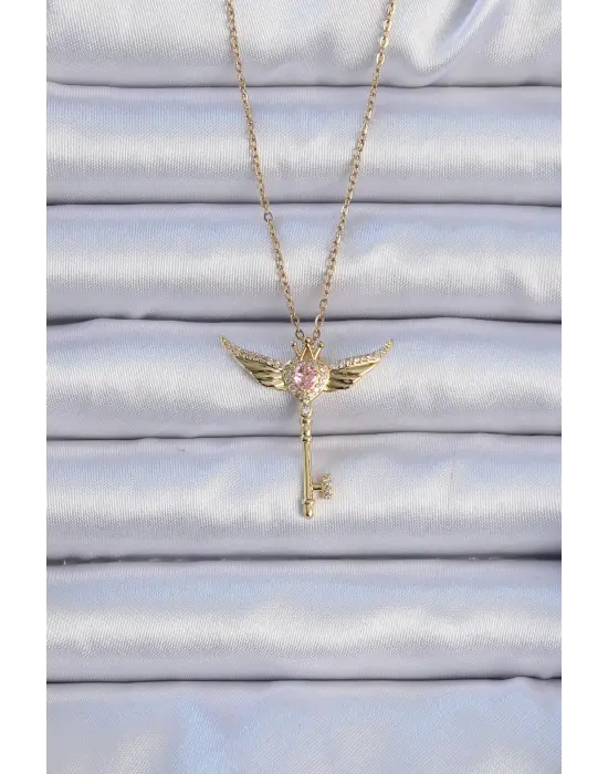  Zincir Altın  Kanatlı Pembe Zirkon Taşlı Anahtar Kalp Çelik Kolye