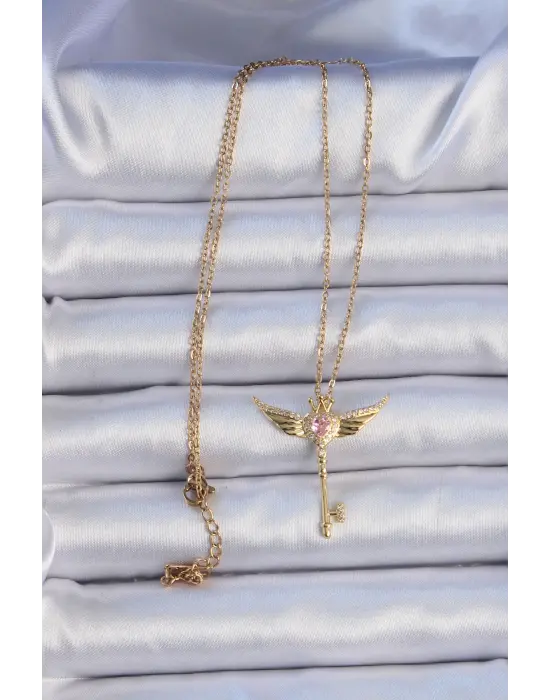  Zincir Altın  Kanatlı Pembe Zirkon Taşlı Anahtar Kalp Çelik Kolye