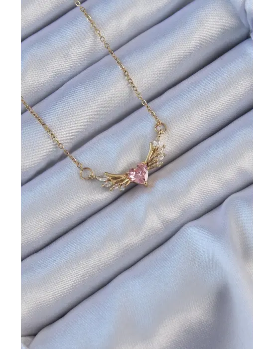  Zincir Altın  Kanatlı Pembe Zirkon Taşlı Kalp Çelik Kolye