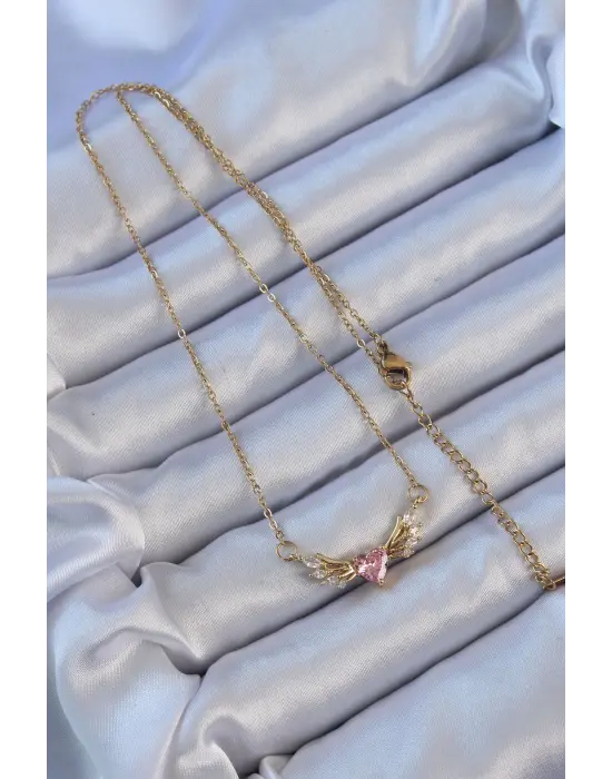  Zincir Altın  Kanatlı Pembe Zirkon Taşlı Kalp Çelik Kolye
