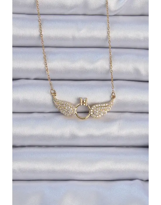  Zincir Altın  Kanatlı Tektaş Çelik Kolye