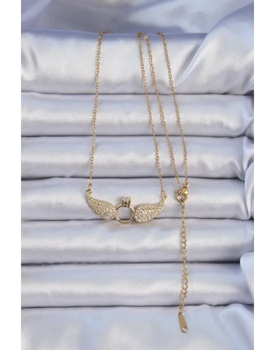  Zincir Altın  Kanatlı Tektaş Çelik Kolye